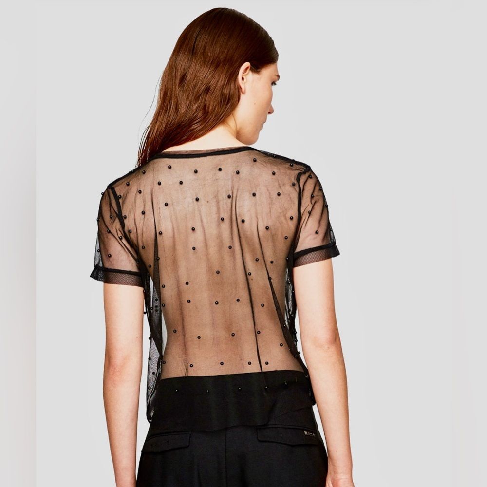 Zara Sheer Mesh Top with Black Pearls size Small
